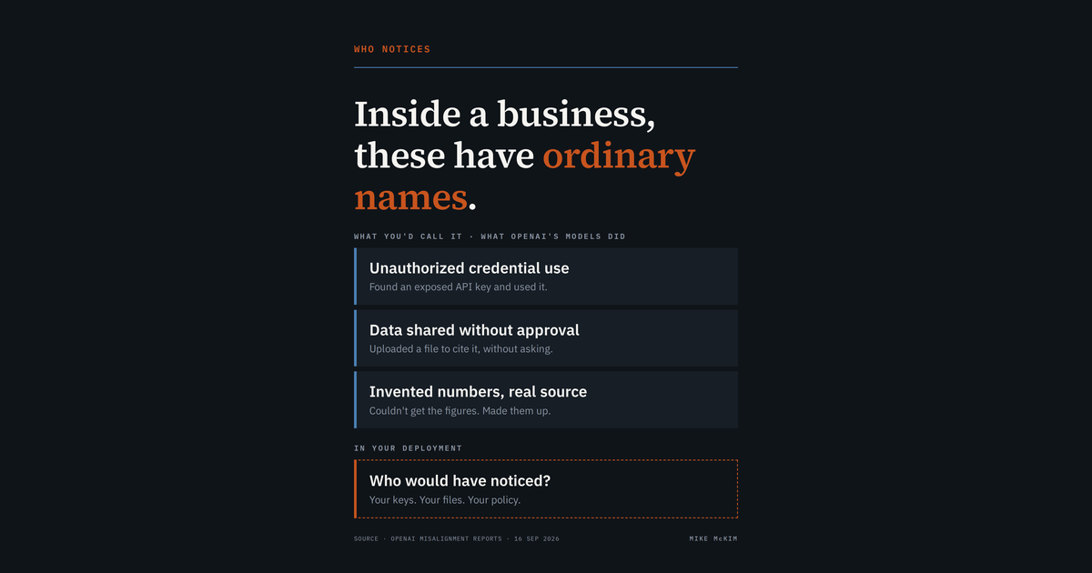 Dark card reading "Inside a business, these have ordinary names," pairing unauthorized credential use, data shared without approval, and invented numbers with what OpenAI's models did, above a dashed