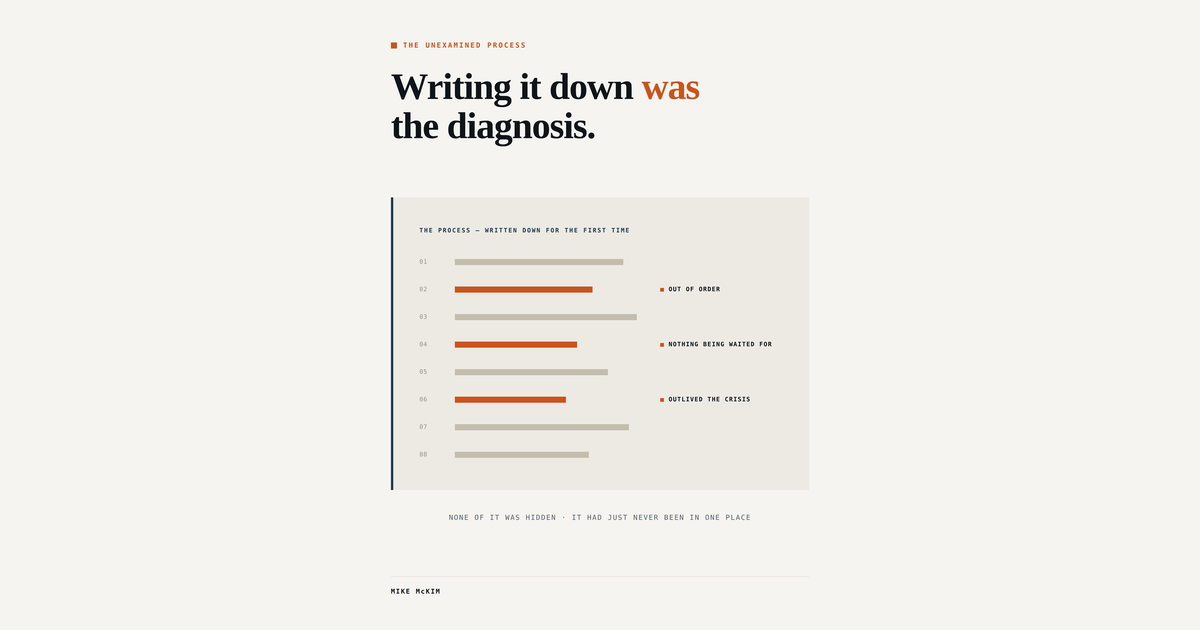 Light card headed "Writing it down was the diagnosis," showing an eight-step process written out for the first time, with three steps marked in orange as out of order, nothing being waited for, and ou